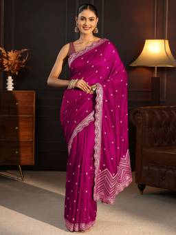 Libas - Pink Floral Zari Embroidered Saree With Stone Work Embroidered Border and Blouse Piece