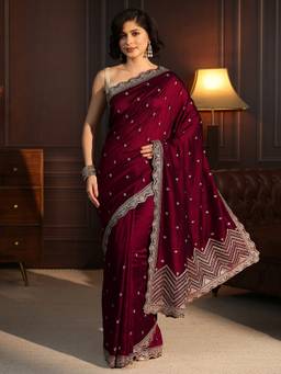 Libas - Maroon Floral Zari Embroidered Saree With Stone Work Embroidered Border and Blouse Piece