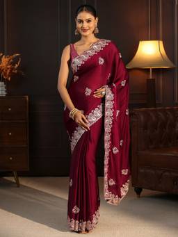 Libas - Red Ethnic Motif Stone Work Embroidered Saree With Blouse Piece