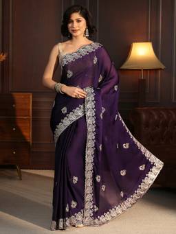 Libas - Purple Ethnic Motif Stone Work Embroidered Saree With Blouse Piece