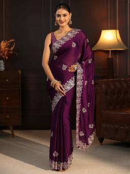 Libas - Wine Ethnic Motif Stone Work Embroidered Saree With Blouse Piece