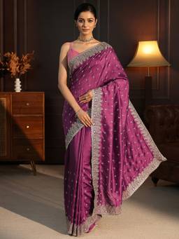 Libas - Purple Motif Zari Embroidered Saree With Stone Work Embroidered Border And Blouse Piece