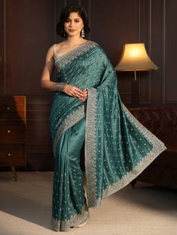 Libas - Green Motif Zari Embroidered Saree With Stone Work Embroidered Border And Blouse Piece