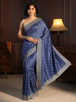 Libas - Blue Motif Zari Embroidered Saree With Stone Work Embroidered Border And Blouse Piece