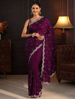 Libas - Wine Floral Zari Embroidered Saree With Blouse Piece