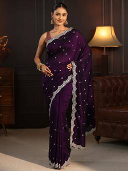 Libas - Purple Floral Zari Embroidered Saree With Blouse Piece