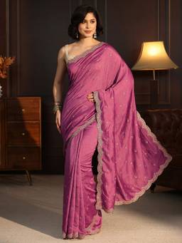 Libas - Mauve Floral Zari Embroidered Saree With Blouse Piece