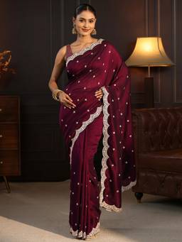 Libas - Maroon Floral Zari Embroidered Saree With Blouse Piece