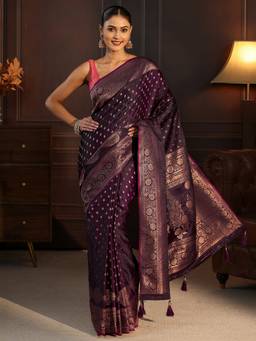 Libas - Wine Ethnic Motif Woven Design Saree With Blouse Piece