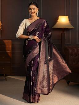 Libas - Maroon Floral Woven Design Saree With Blouse Piece