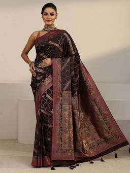 Libas - Maroon Floral Woven Design Saree With Blouse Piece