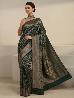Libas - Teal Floral Woven Design Saree With Blouse Piece