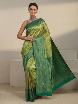 Libas - Green Ethnic Motif Woven Design Saree With Blouse Piece