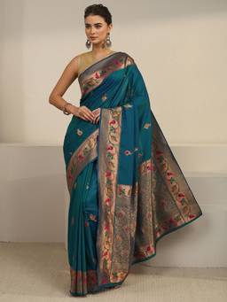 Libas - Blue Ethnic Motif Woven Design Saree With Blouse Piece