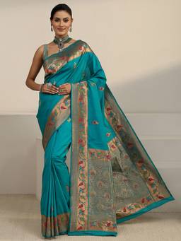 Libas - Green Ethnic Motif Woven Design Saree With Blouse Piece