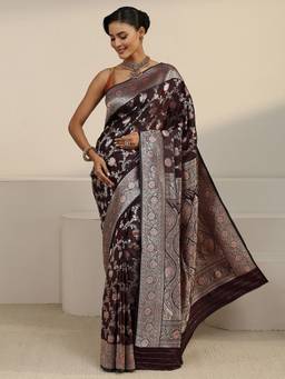 Libas - Maroon Floral Woven Design Saree With Blouse Piece