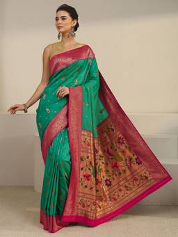Libas - Green Ethnic Motif Woven=En Design With Blouse Piece