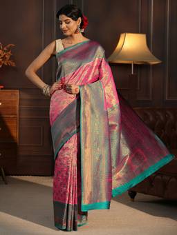 Libas - Pink Floral Woven Design Saree With Blouse Piece