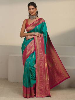 Libas - Green Ethnic Motif Woven Design Saree With Blouse Piece