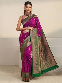 Libas - Wine Ethnic Motif Woven Design Saree With Blouse Piece
