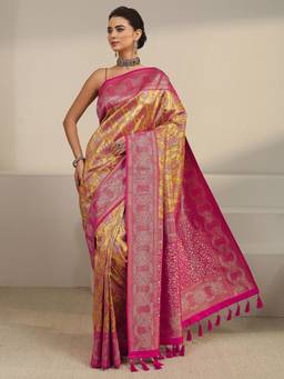 Libas - Mustard Ethnic Motif Woven Design Saree With Blouse Piece
