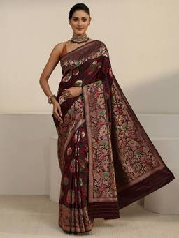 Libas - Maroon Floral Woven Design Saree With Blouse Piece