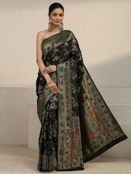 Libas - Green Floral Woven Design Saree With Blouse Piece