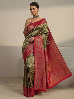 Libas - Green Floral Woven Design Saree With Blouse Piece