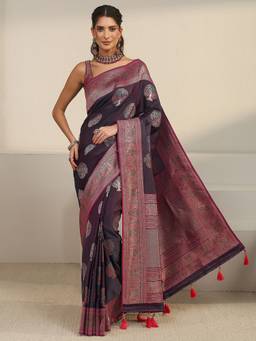 Libas - Wine Ethnic Motif Woven Design Saree With Blouse Piece