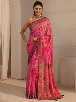 Libas - Pink Printed Saree With Blouse Piece