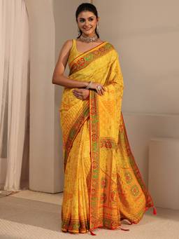 Libas - Yellow Printed Saree With Blouse Piece
