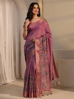 Libas - Lavender Zari Floral Printed Saree With Blouse Piece