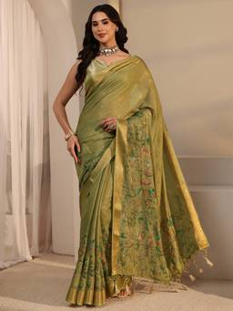 Libas - Green Zari Floral Printed Saree With Blouse Piece