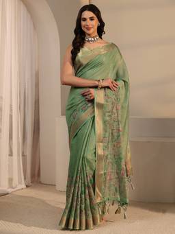 Libas - Green Zari Floral Printed Saree With Blouse Piece