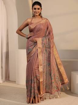 Libas - Mauve Zari Floral Printed Saree With Blouse Piece
