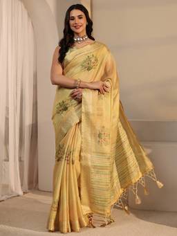 Libas - Yellow Zari Printed Saree With Blouse Piece