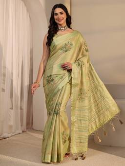 Libas - Green Zari Printed Saree With Blouse Piece