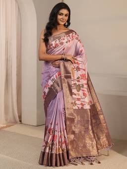 Libas - Purple Zari Floral Printed Saree With Blouse Piece