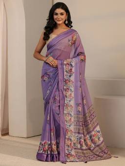 Libas - Purple Floral Printed Saree With Blouse Piece