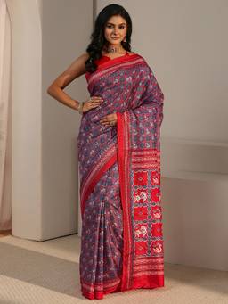 Libas - Grey Printed Saree With Blouse Piece