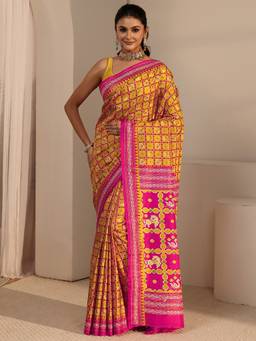 Libas - Mustard Printed Saree With Blouse Piece