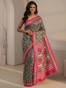 Libas - Green Printed Saree With Blouse Piece