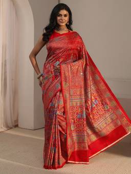 Libas - Red Printed Saree With Blouse Piece