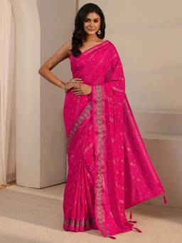 Libas - Pink Bandhani Foil Printed Saree With Embroidered Border and Blouse Piece
