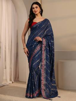 Libas - Navy Bandhani Foil Printed Saree With Embroidered Border and Blouse Piece