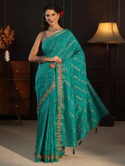 Libas - Blue Bandhani Foil Printed Saree With Embroidered Border and Blouse Piece