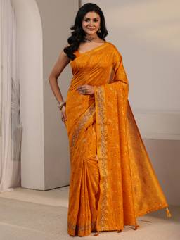 Libas - Mustard Bandhani Foil Printed Saree With Embroidered Border and Blouse Piece