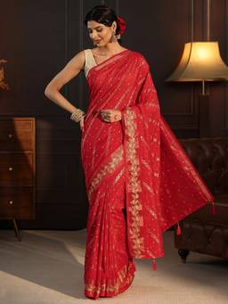 Libas - Red Bandhani Foil Printed Saree With Embroidered Border and Blouse Piece
