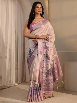 Libas - Beige Floral Zari Printed Saree With Woven Design Border and Blouse Piece