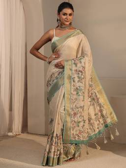 Libas - Beige Floral Zari Printed Saree With Woven Design Border and Blouse Piece